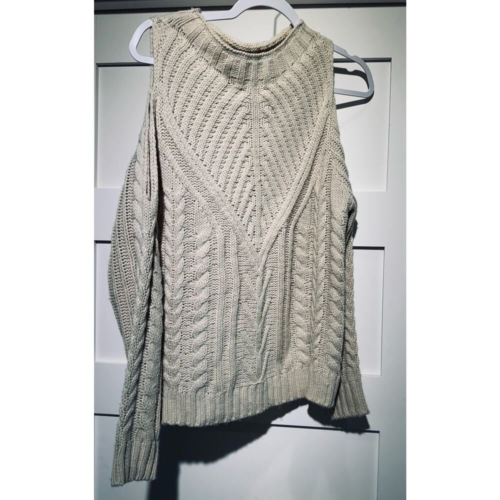 COZY CASUAL Cable-Knit Cold Shoulder Embellish Sweater Cream S/M